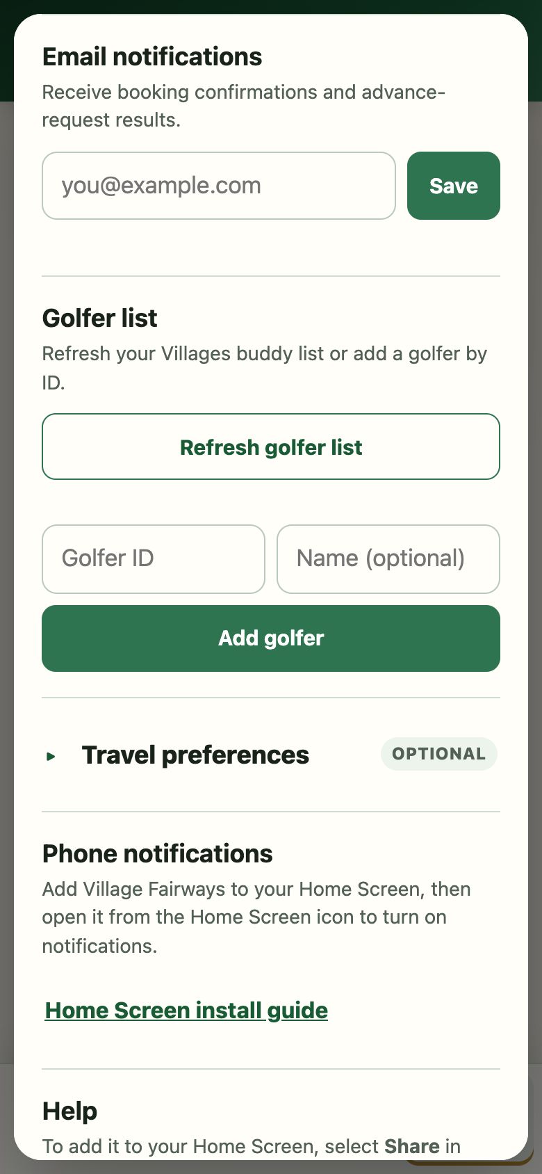 The Account dialog showing the Phone notifications section, followed by the start of the Help section.