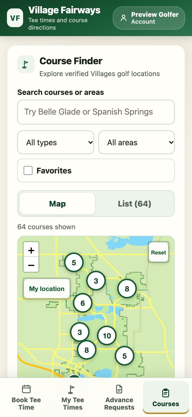 The Courses page with search, filters, and a map of course locations grouped in numbered circles.