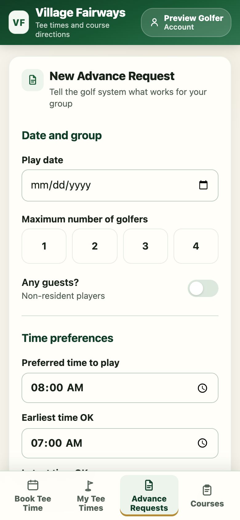 The top of the Advance Requests form with the play date and number of golfers.