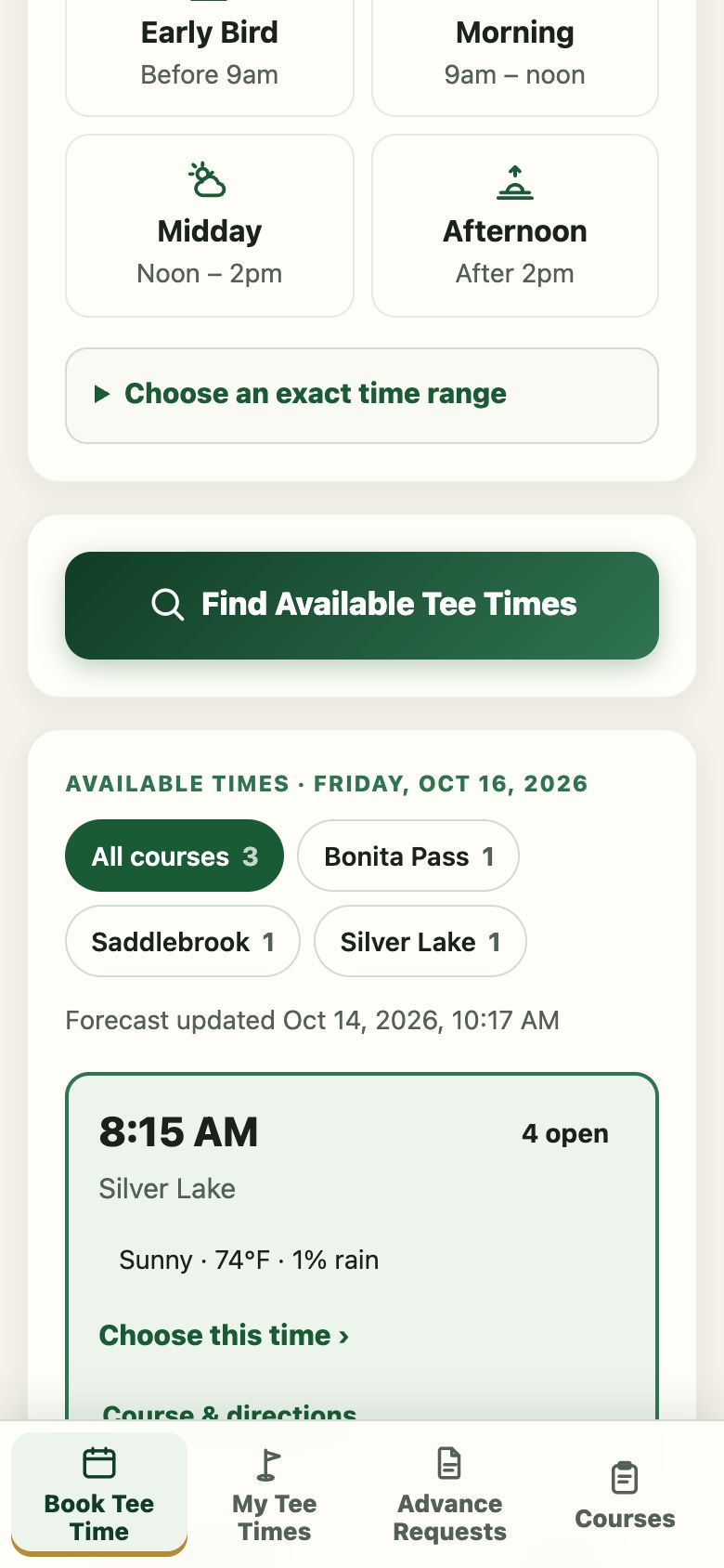 A list of available tee times with a filter for each course.